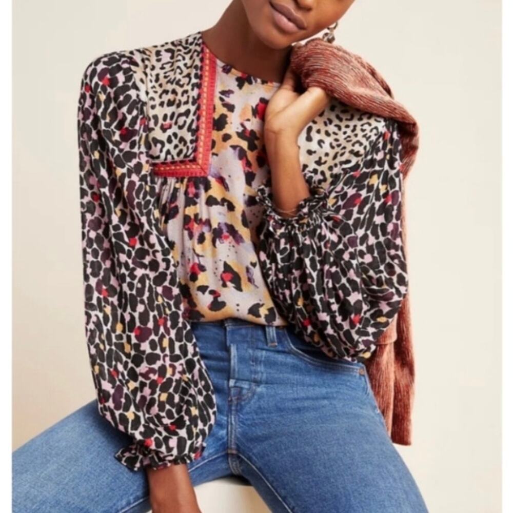 Anthropologie Blank London Joelle Leopard Peasant Blouse XS